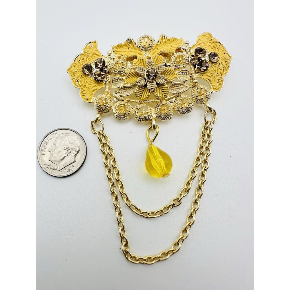 Vintage Gold Tone Flower Brooch Rhinestone Yellow